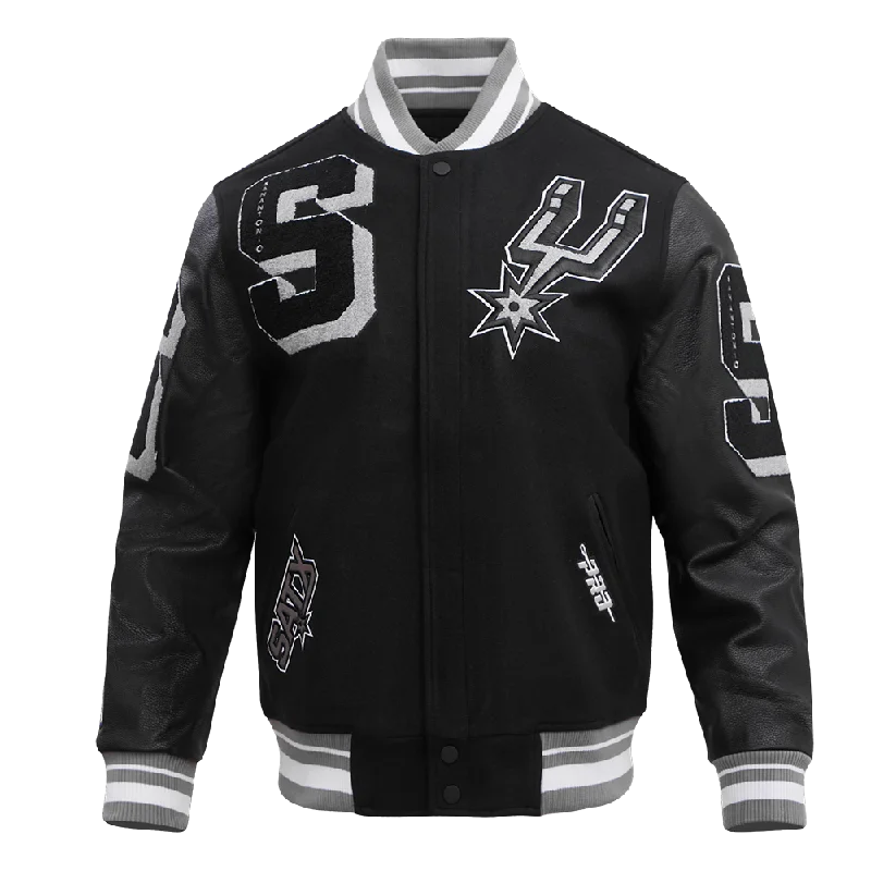 NBA SAN ANTONIO SPURS MASHUP MEN'S RIB WOOL VARSITY JACKET (BLACK/GRAY) Chenille Jacket Brocade Jacket Lace Jacket NBA SAN ANTONIO SPURS MASHUP MEN'S RIB WOOL VARSITY JACKET (BLACK/GRAY) Chenille Jacket Brocade Jacket Lace Jacket