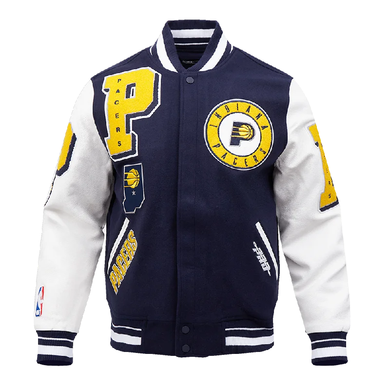 NBA INDIANA PACERS MASHUP MEN'S RIB WOOL VARSITY JACKET (MIDNIGHT NAVY/WHITE) Zip Front Button Front Snap Front NBA INDIANA PACERS MASHUP MEN'S RIB WOOL VARSITY JACKET (MIDNIGHT NAVY/WHITE) Zip Front Button Front Snap Front