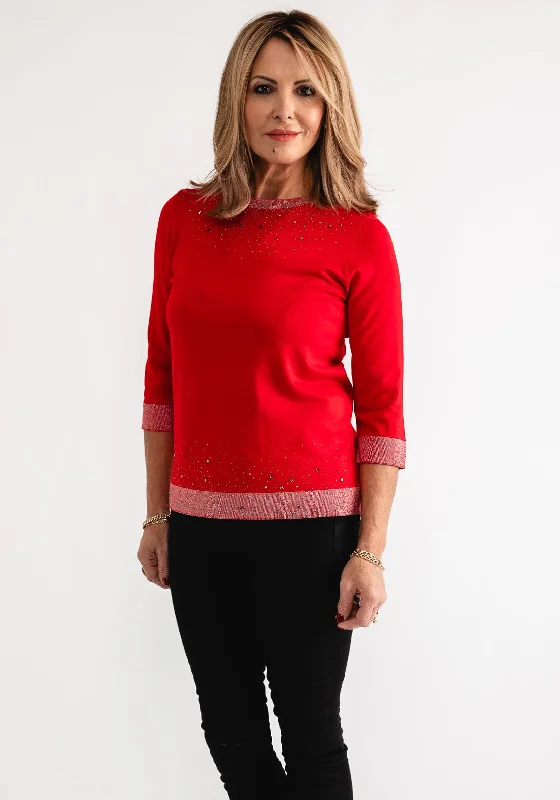 Anonymous Rhinestone Cropped Sleeve Sweater, Red Handmade Hand-knitted Hand-woven
