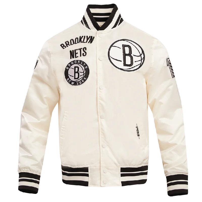 NBA BROOKLYN NETS RETRO CLASSIC MEN'S RIB SATIN JACKET (EGGSHELL/ BLACK) Quilted Jacket Puffer Jacket Insulated Jacket