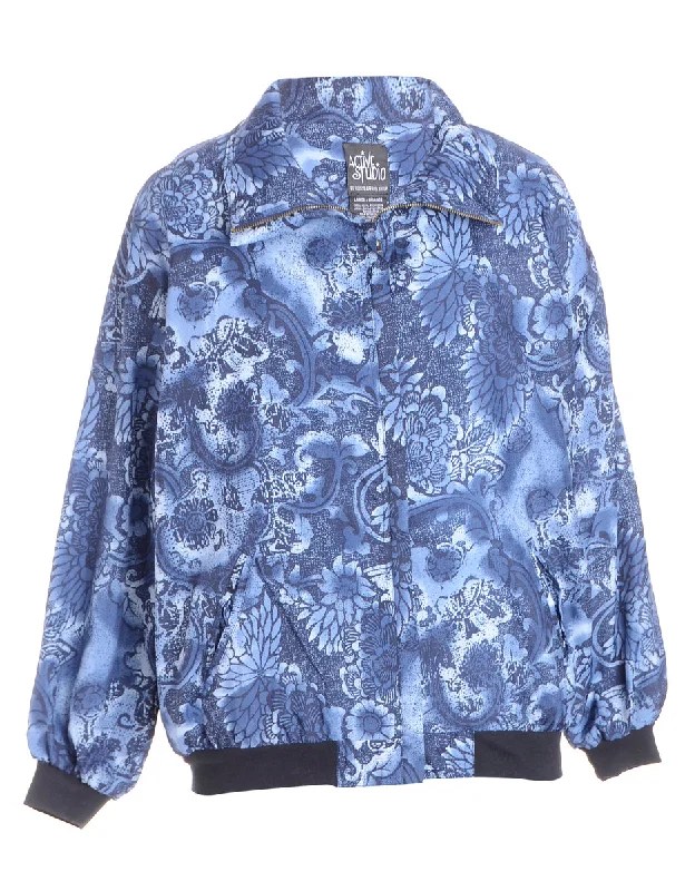 Label Patterned Bomber Jacket Front Pockets Side Pockets Patch Pockets