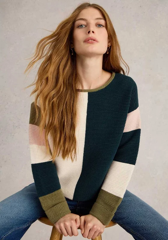 White Stuff Jana Colour Block Jumper, Green Cable Knit Ribbed Knit Lace Knit