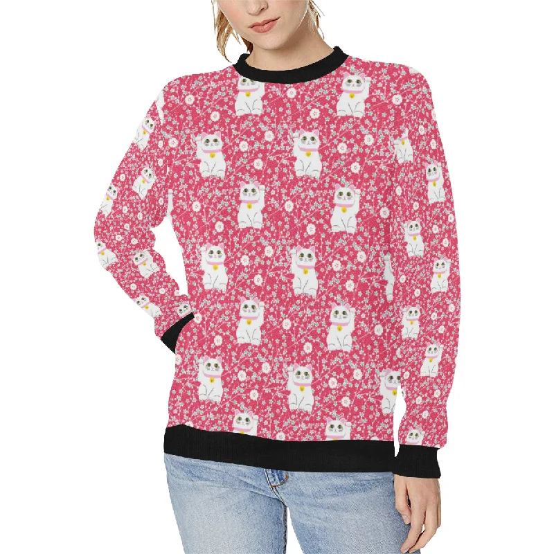 Maneki neko cat sakura pink background Women's Crew Neck Sweatshirt Hoodie with Contrast Stitching Detailed Premium Maneki neko cat sakura pink background Women's Crew Neck Sweatshirt Hoodie with Contrast Stitching Detailed Premium