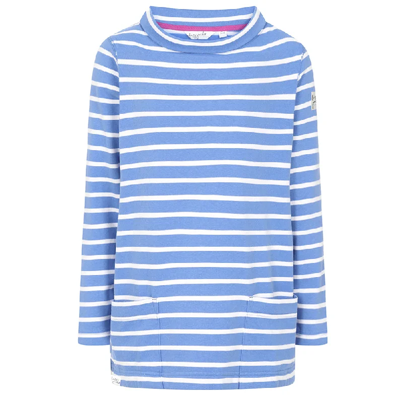 LJ94S - Striped Roll Neck Sweatshirt - Sapphire Hoodie with Hem Frayed Vintage Worn