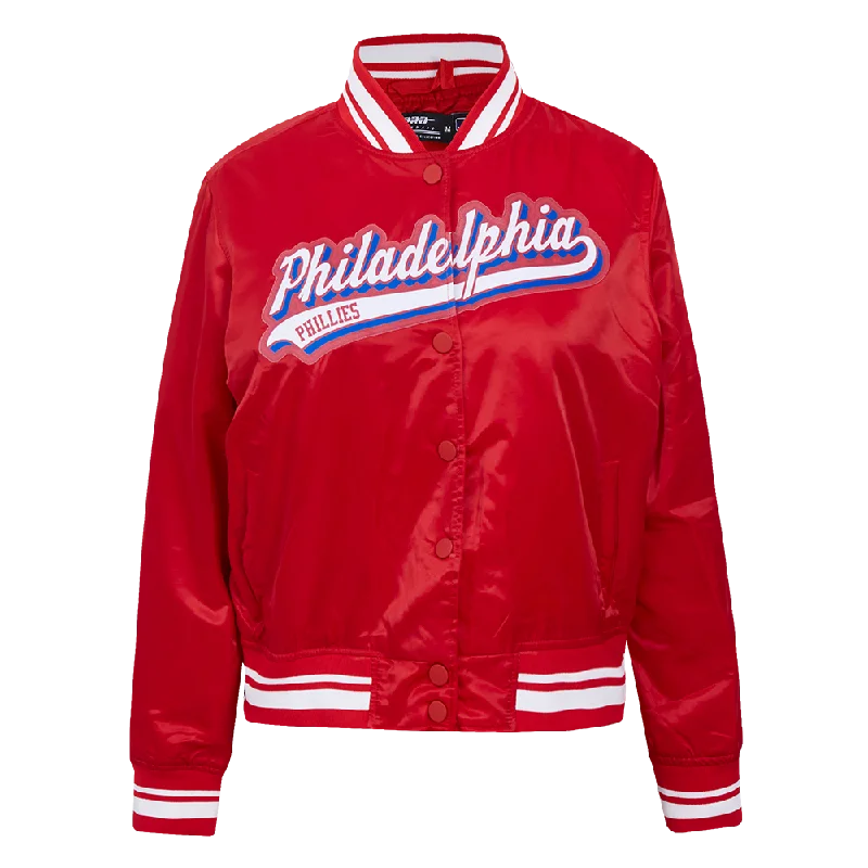 MLB PHILADELPHIA PHILLIES SCRIPT TAIL WOMEN'S SATIN JACKET (RED) Jersey Jacket Tulle Jacket Batik Jacket MLB PHILADELPHIA PHILLIES SCRIPT TAIL WOMEN'S SATIN JACKET (RED) Jersey Jacket Tulle Jacket Batik Jacket