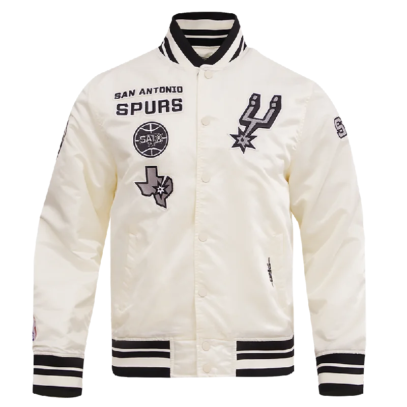 NBA SAN ANTONIO SPURS RETRO CLASSIC MEN'S RIB SATIN JACKET (EGGSHELL/ BLACK) Denim Fabric Leather Fabric Suede Fabric NBA SAN ANTONIO SPURS RETRO CLASSIC MEN'S RIB SATIN JACKET (EGGSHELL/ BLACK) Denim Fabric Leather Fabric Suede Fabric