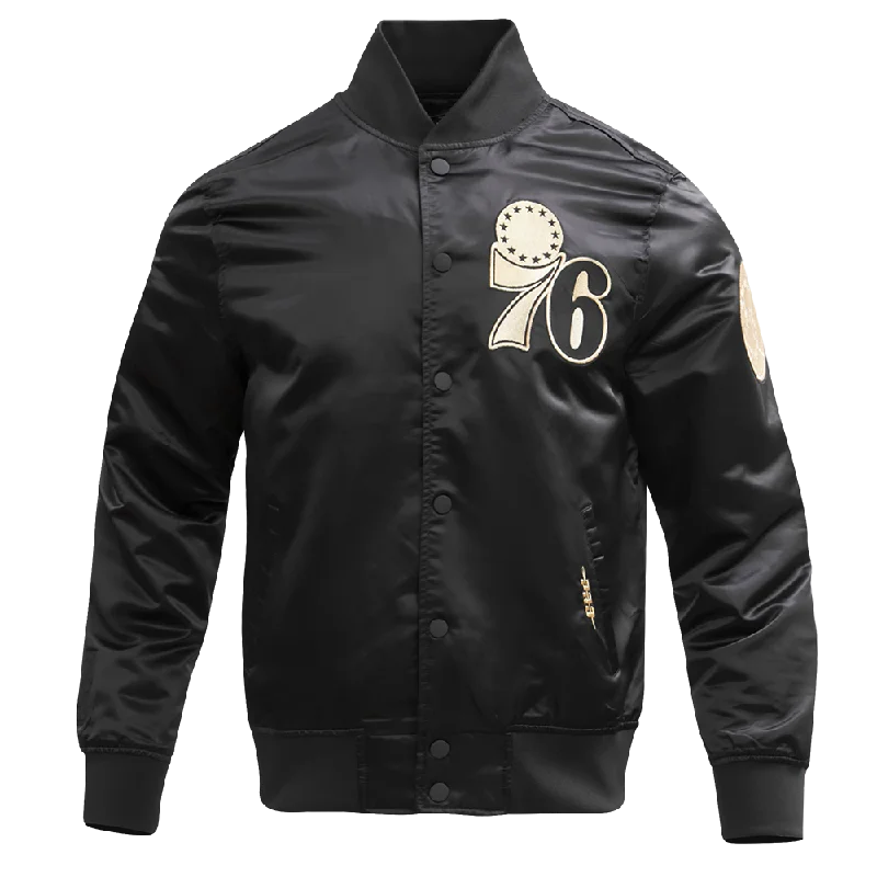 PHILADELPHIA 76ERS GOLD LOGO SATIN JACKET (BLACK) Faux Fur Jacket Real Fur Jacket Shearling Jacket PHILADELPHIA 76ERS GOLD LOGO SATIN JACKET (BLACK) Faux Fur Jacket Real Fur Jacket Shearling Jacket