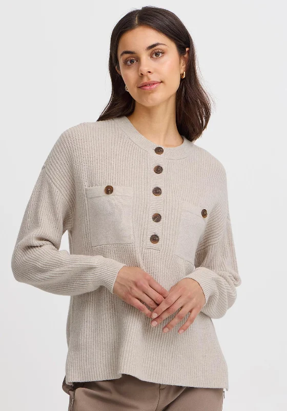 Fransa Bitte Pocket Front Jumper, Beige Zippered Front Buttoned Front Snap Front