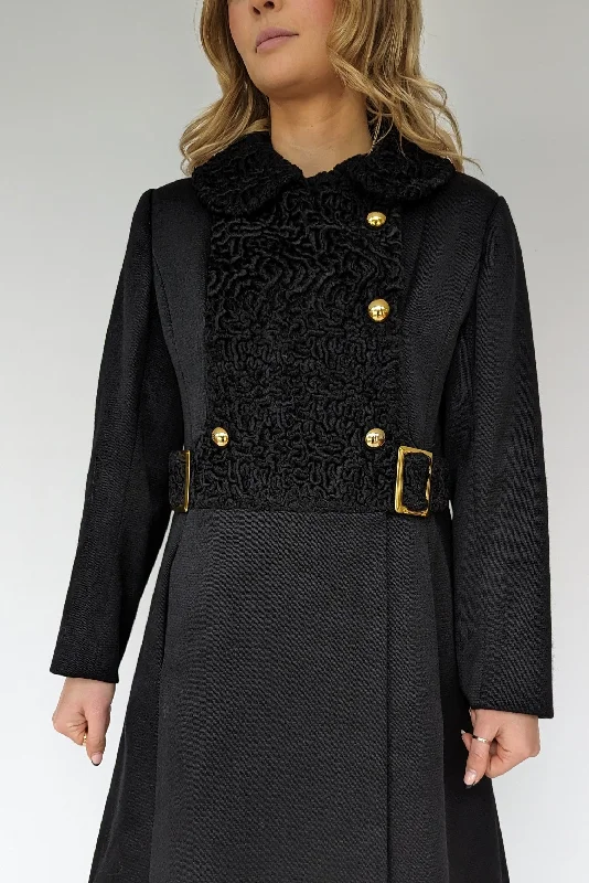 1960s Black Wool Astrakhan Long Coat Houndstooth Coat Plaid Coat Tartan Coat