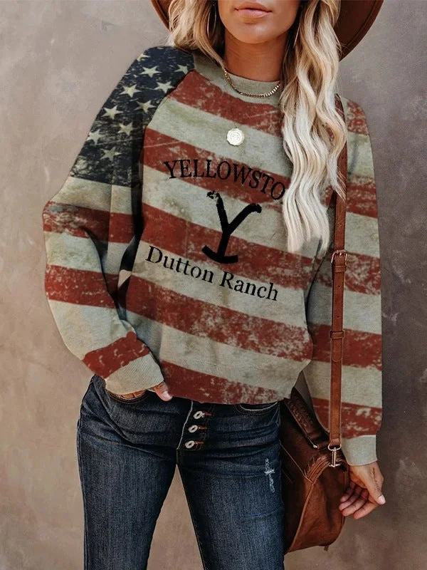 Women's Yellowstone Dutton Ranch Print Sweatshirt Hoodie with Button Classic Timeless