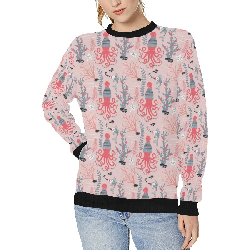 Octopus winter hat garland Fish candy Seaweed Cora Women's Crew Neck Sweatshirt Hoodie with Hem Ribbing Snug Secure Octopus winter hat garland Fish candy Seaweed Cora Women's Crew Neck Sweatshirt Hoodie with Hem Ribbing Snug Secure