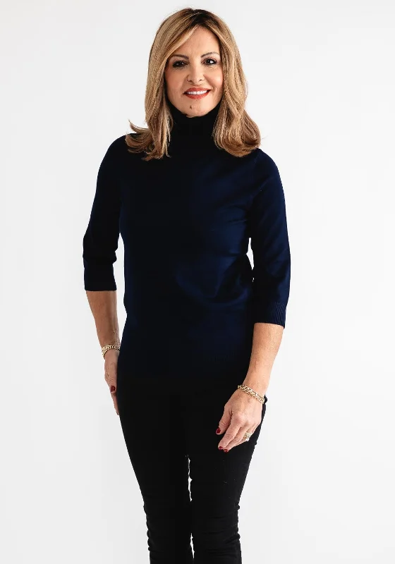 Anonymous Roll Neck Cropped Sleeve Sweater, Navy Glossy Satin Silk