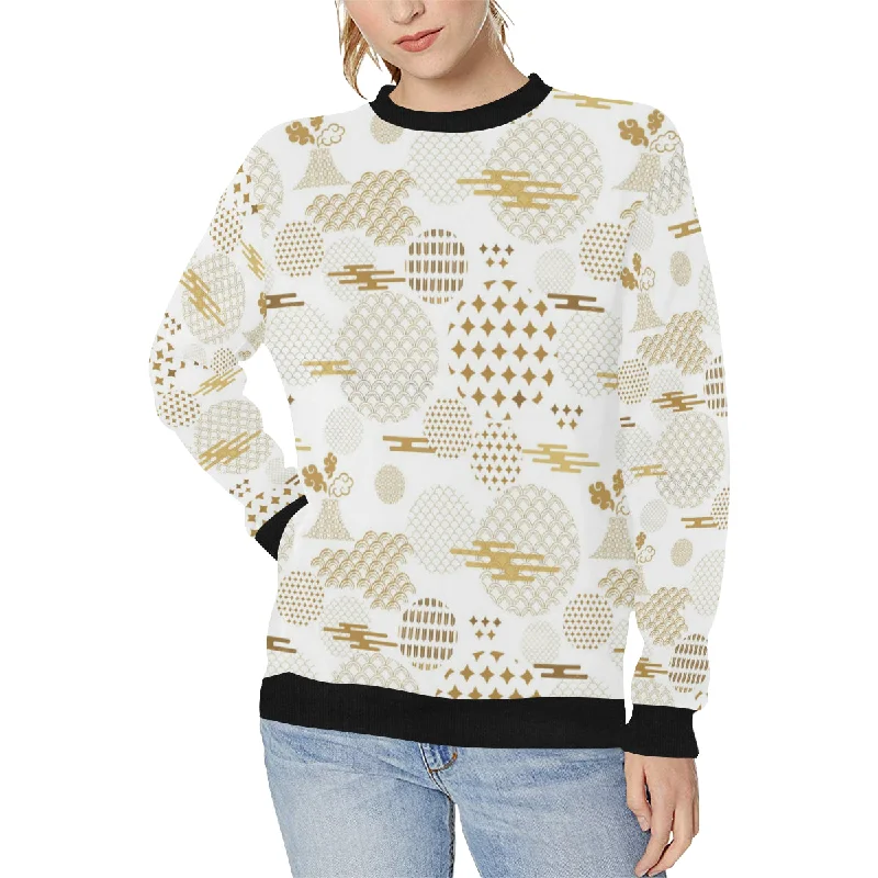 Beautiful gold japanese pattern Women's Crew Neck Sweatshirt Hoodie with Color Block Contrast Stylish Beautiful gold japanese pattern Women's Crew Neck Sweatshirt Hoodie with Color Block Contrast Stylish