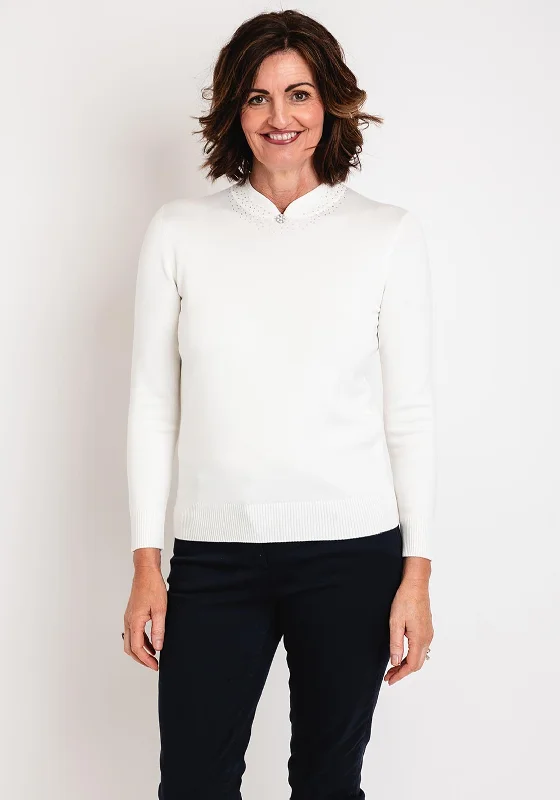 Castle of Ireland Embellished Notch Neckline Sweater, White Choc Mesh Blend Leather Blend Suede Blend Castle of Ireland Embellished Notch Neckline Sweater, White Choc Mesh Blend Leather Blend Suede Blend