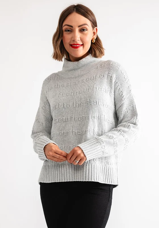 Oui Textured Knit High Neck Jumper, Grey Glossy Satin Silk