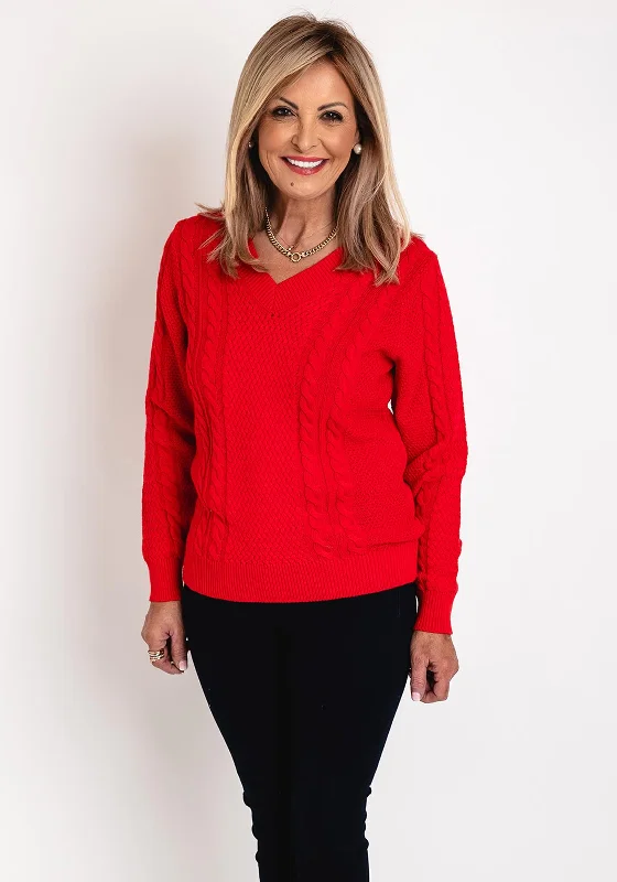 Micha V-Neck Cable Knit Sweater, Paradi Red Wool Fabric Cashmere Fabric Tweed Fabric Micha V-Neck Cable Knit Sweater, Paradi Red Wool Fabric Cashmere Fabric Tweed Fabric
