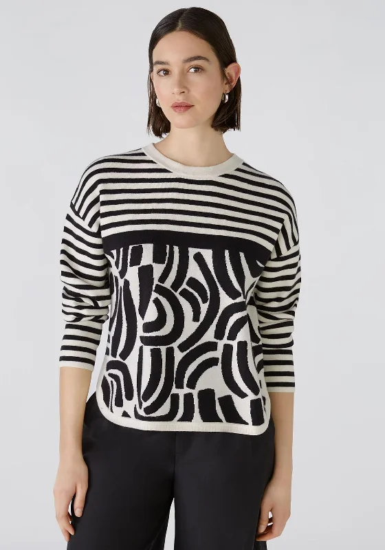 Oui Contrast Print Knit Sweater, Black & Off White Boxy Sweater Fitted Sweater A-Line Oui Contrast Print Knit Sweater, Black & Off White Boxy Sweater Fitted Sweater A-Line