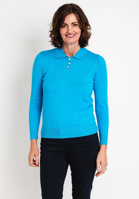 Castle of Ireland Diamante Flat Collar Sweater, Blue Lagoon Solid Print Embellished