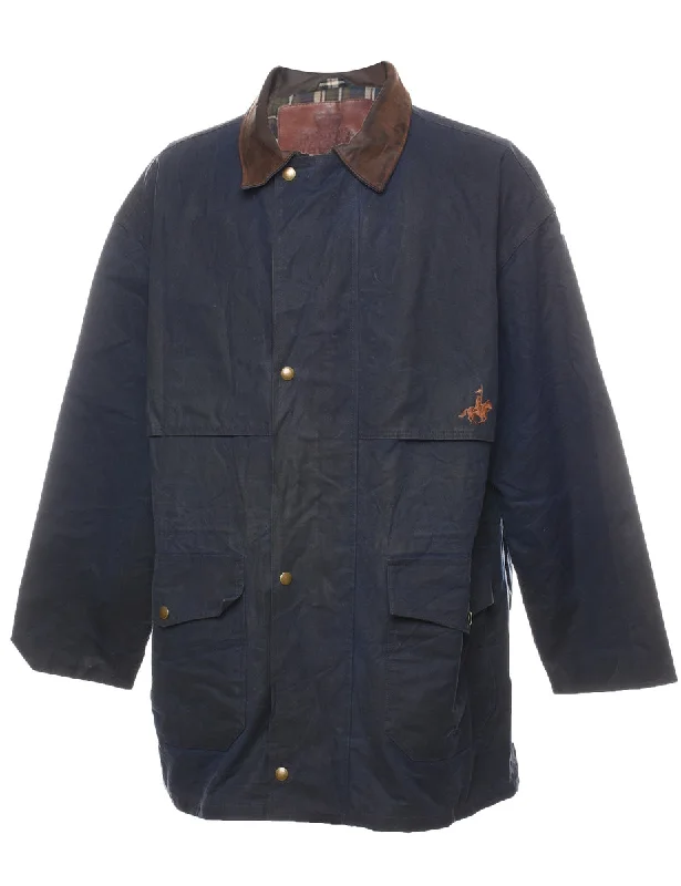 Leather Contrast Collar Navy Wax Jacket - L Satin Jacket Silk Jacket Chiffon Jacket