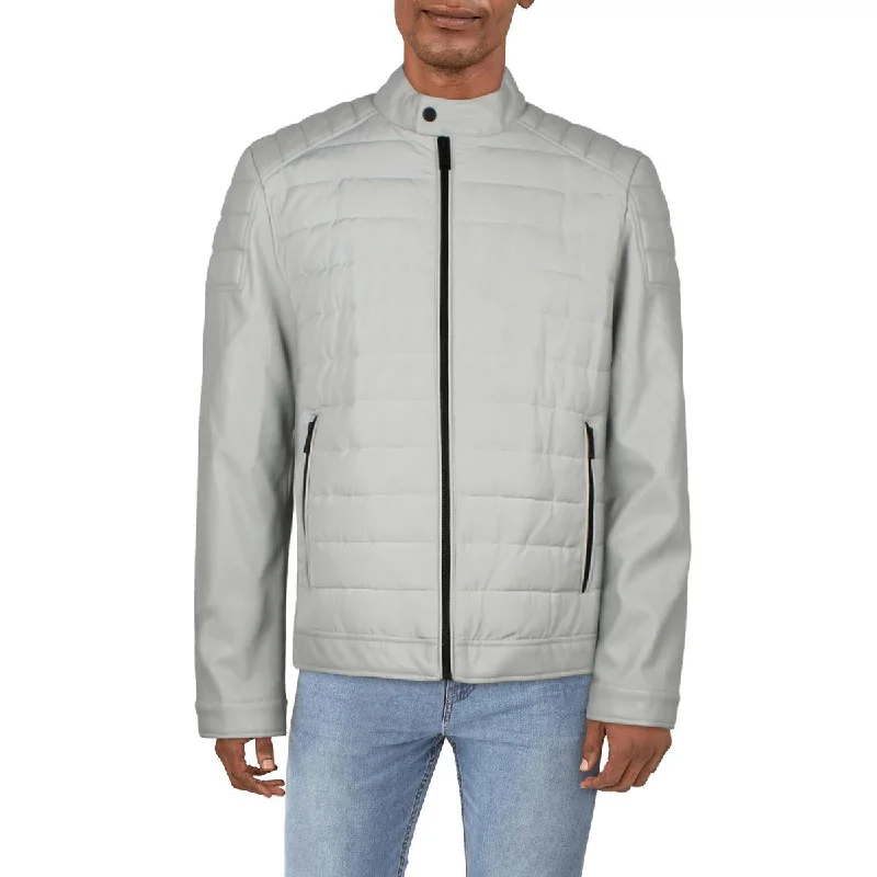 DKNY Mens Faux Leather Cold Weather Quilted Coat Knit Woven Fleece