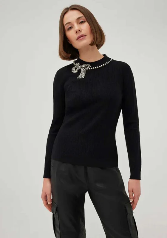 Leo & Ugo Embellished Bow Jumper, Black Boxy Sweater Fitted Sweater A-Line