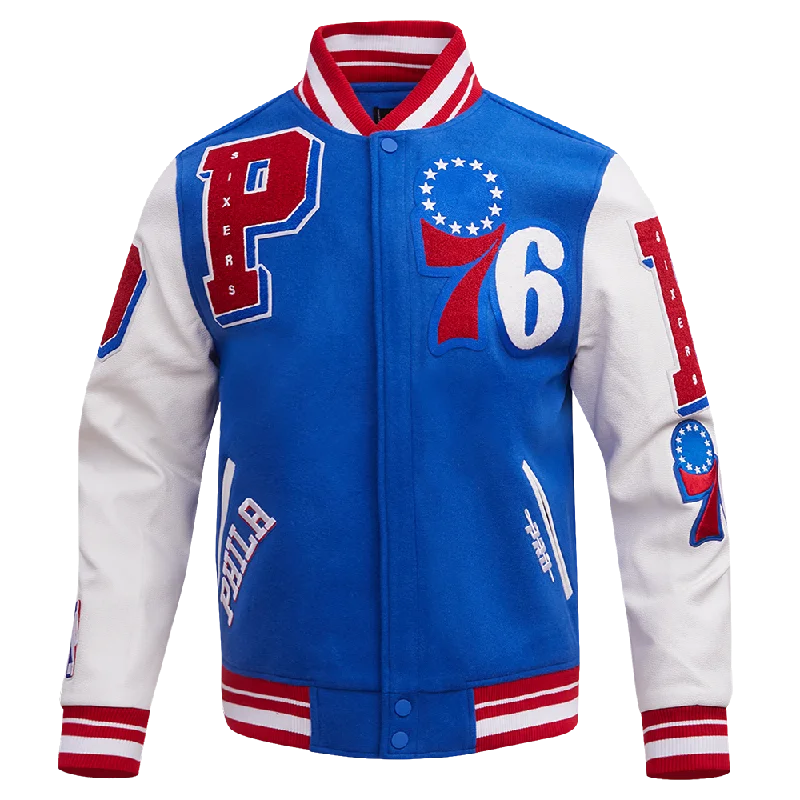 NBA PHILADELPHIA 76ERS MASHUP MEN'S RIB WOOL VARSITY JACKET (ROYAL BLUE/RED) Rayon Jacket Velvet Jacket Corduroy Jacket NBA PHILADELPHIA 76ERS MASHUP MEN'S RIB WOOL VARSITY JACKET (ROYAL BLUE/RED) Rayon Jacket Velvet Jacket Corduroy Jacket