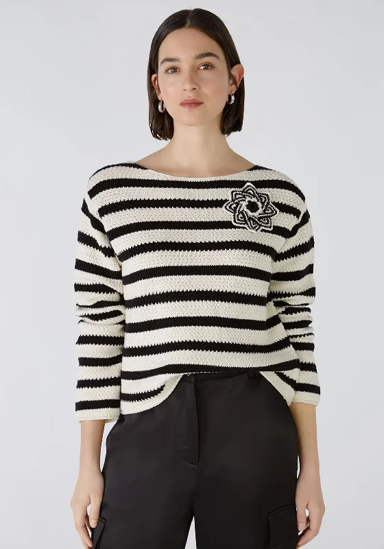 Oui Striped Crochet Flower Jumper, Black & Off White Real Fur Shearling Chenille