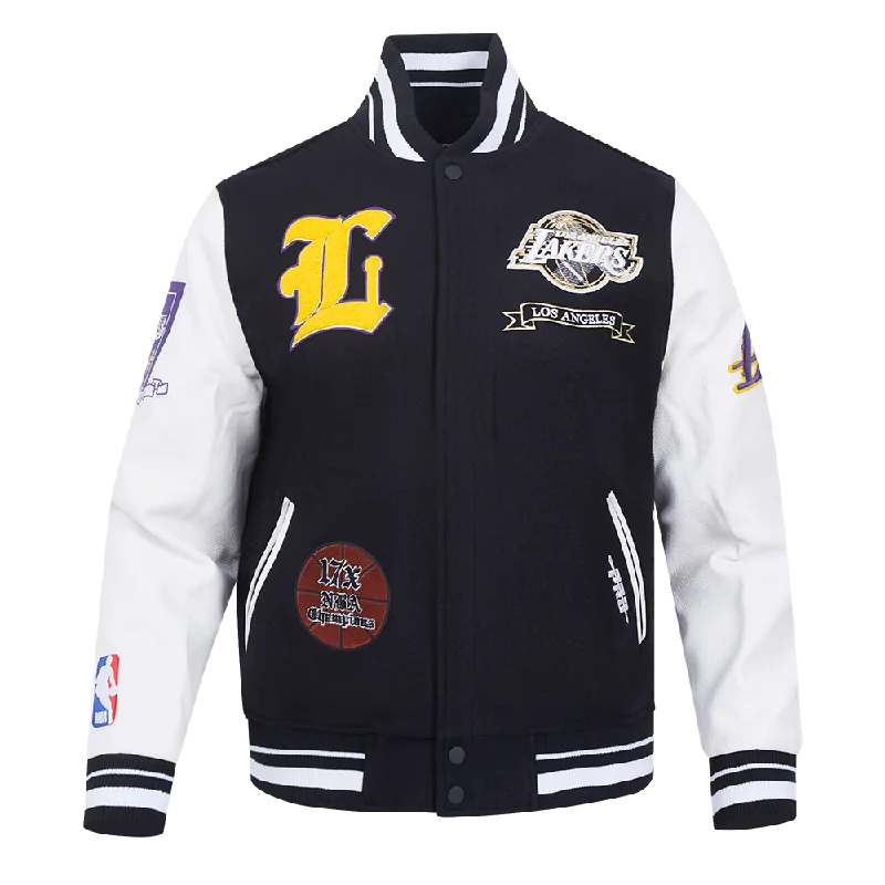 NBA LOS ANGELES LAKERS PRO PREP WOOL VARSITY JACKET (BLACK/WHITE) Knit Fabric Woven Fabric Fleece Fabric NBA LOS ANGELES LAKERS PRO PREP WOOL VARSITY JACKET (BLACK/WHITE) Knit Fabric Woven Fabric Fleece Fabric