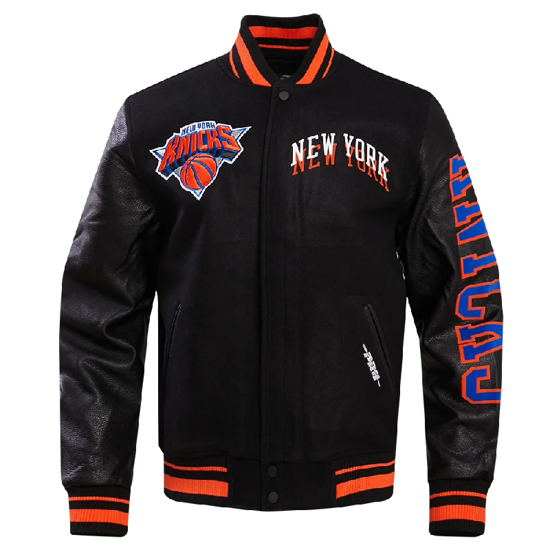 NBA NEW YORK KNICKS CHEST MEN'S LAYERED RIB WOOL VARSITY JACKET (BLACK/ORANGE) Belted Jacket Elasticated Jacket Padded Jacket NBA NEW YORK KNICKS CHEST MEN'S LAYERED RIB WOOL VARSITY JACKET (BLACK/ORANGE) Belted Jacket Elasticated Jacket Padded Jacket