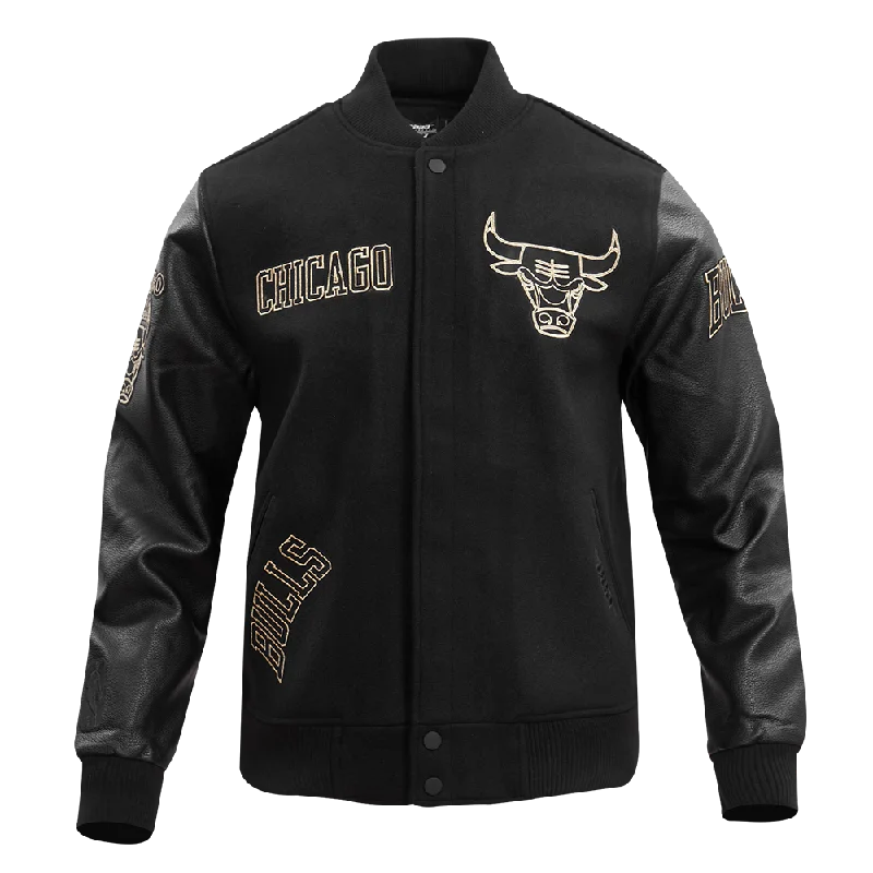 NBA CHICAGO BULLS BLACK & GOLD MEN'S WOOL VARSITY JACKET (JET BLACK) Fleece Fabric Down Fabric Feather Fabric NBA CHICAGO BULLS BLACK & GOLD MEN'S WOOL VARSITY JACKET (JET BLACK) Fleece Fabric Down Fabric Feather Fabric