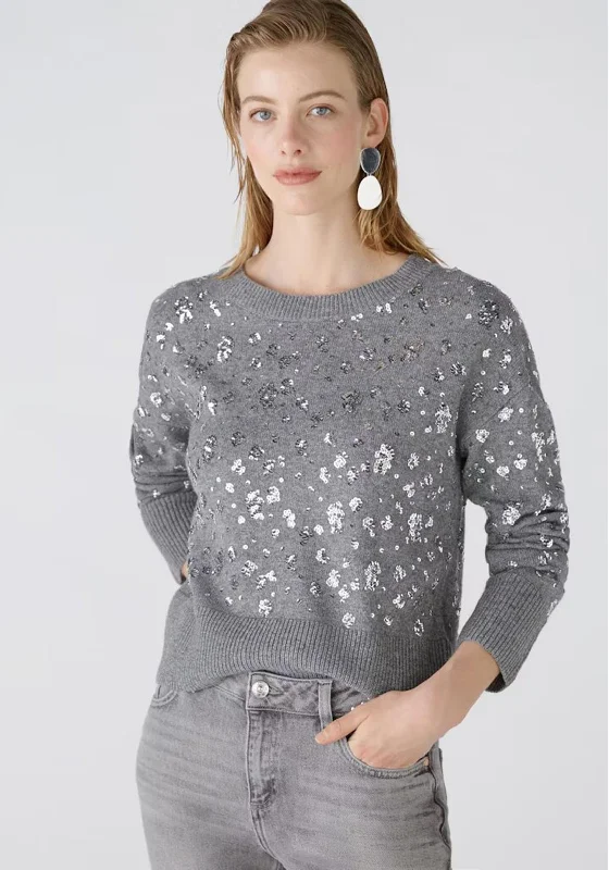 Oui Embellished Cropped Wool Blend Jumper, Grey Mesh Blend Leather Blend Suede Blend Oui Embellished Cropped Wool Blend Jumper, Grey Mesh Blend Leather Blend Suede Blend