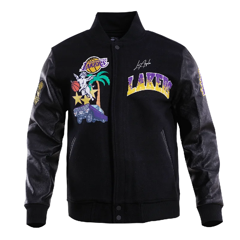 NBA LOS ANGELES LAKERS GRADIENT LOGO MEN'S VARSITY JACKET (BLACK) Tiered Jacket Buttoned Jacket Zippered Jacket NBA LOS ANGELES LAKERS GRADIENT LOGO MEN'S VARSITY JACKET (BLACK) Tiered Jacket Buttoned Jacket Zippered Jacket