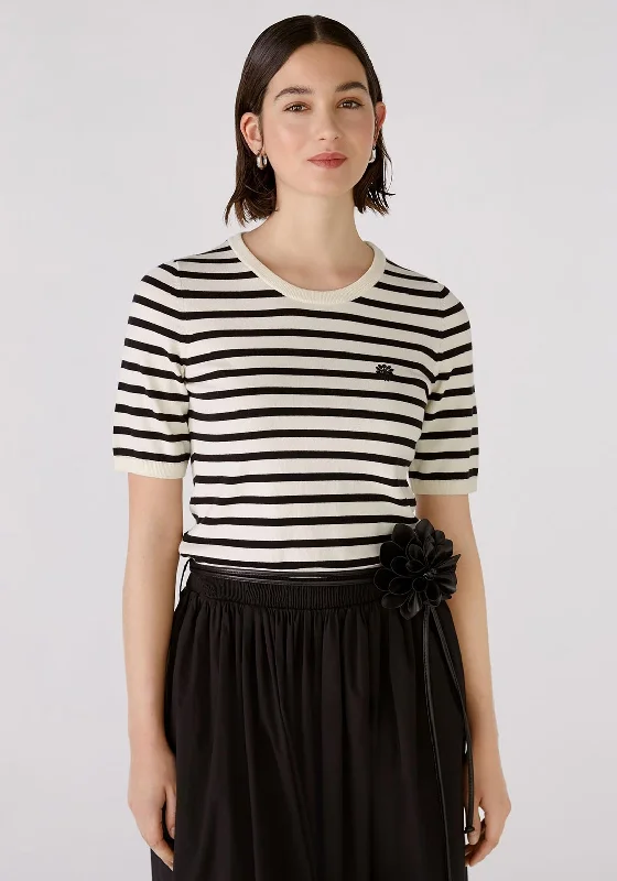 Oui Striped Short Sleeve Sweater, Black & Off White Beaded Sweater Sequined Faux Fur