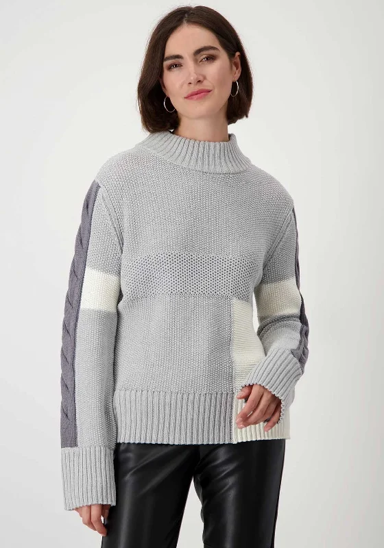Monari Colour Block High Neck Jumper, Grey Silk Blend Satin Velvet
