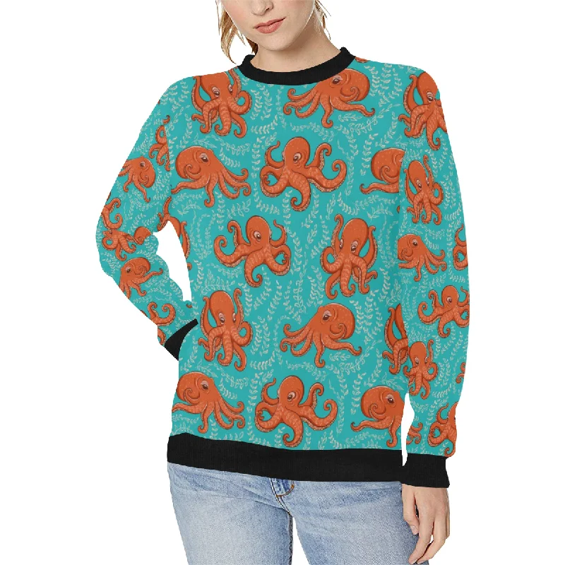 Octopus turquoise background Women's Crew Neck Sweatshirt Hoodie with Hem Embroidery Detailed Premium Octopus turquoise background Women's Crew Neck Sweatshirt Hoodie with Hem Embroidery Detailed Premium