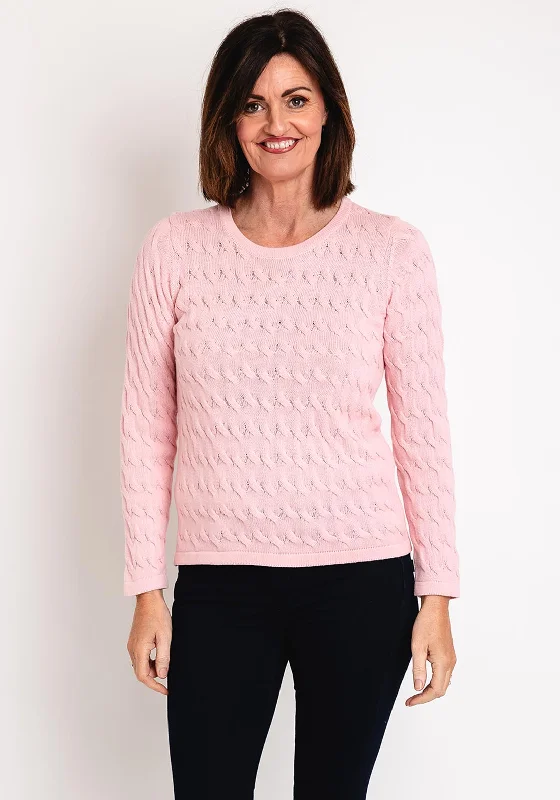 Micha Round Neck Cable Knit Sweater, Pink Terry Terry Cloth Terry Knit