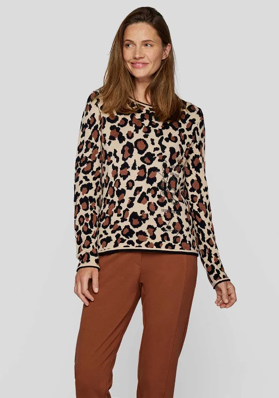 Rabe Embellished Leopard Print Jumper, Brown Beaded Sweater Sequined Faux Fur