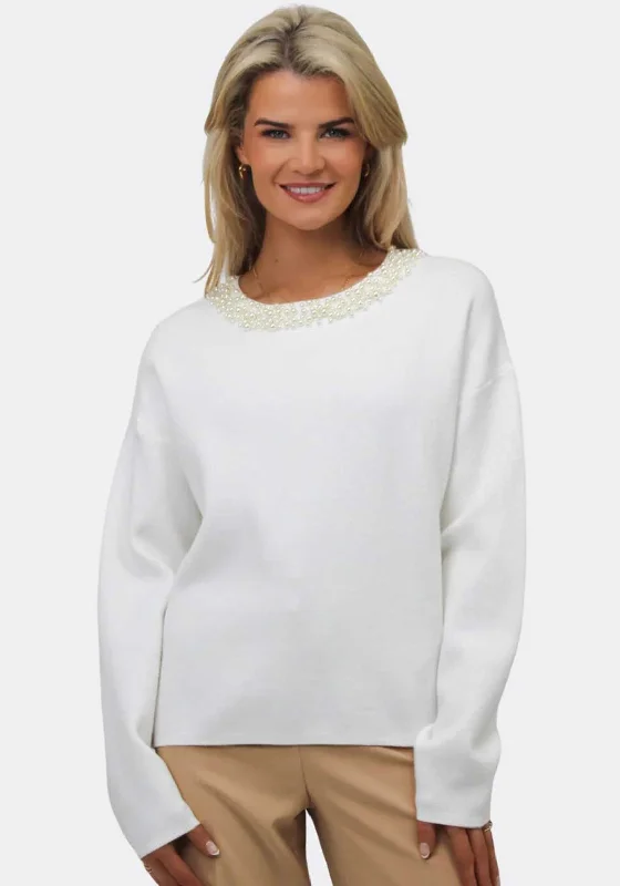 Kate & Pippa Annabelle Pearl One Size Jumper, Cream Notch Collar Peter Pan Collar Cowl Neck
