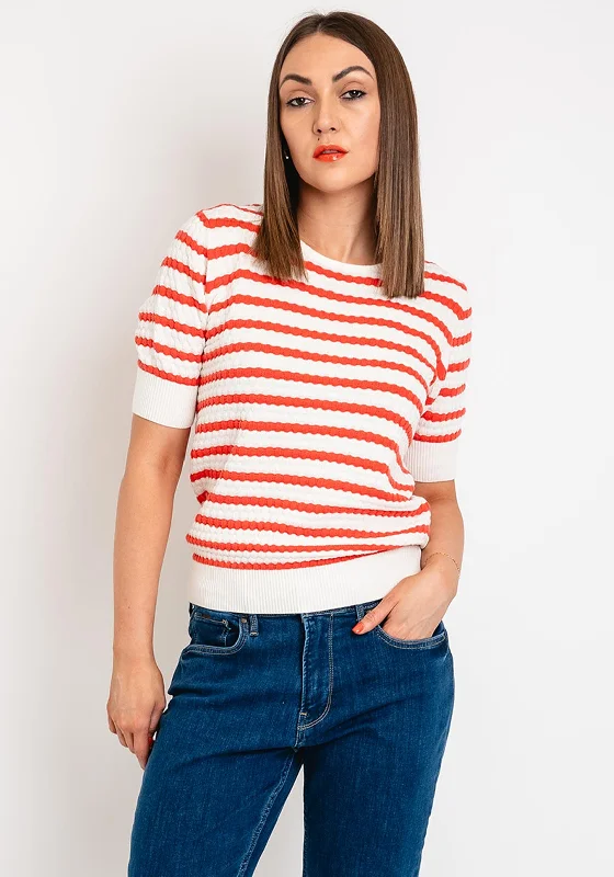 Freequent Dodo Striped Short Sleeve Knit Sweater, Hot Coral Chenille Brocade Lace