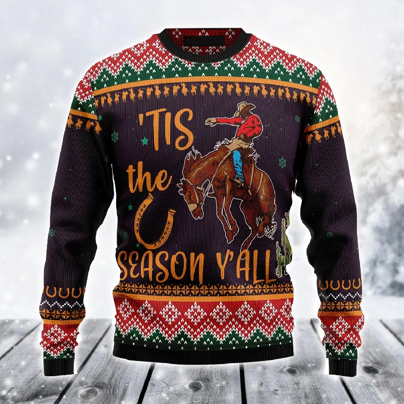 Cowboy Ugly Christmas Sweater, Cowboy Season Christmas Pattern Ugly Sweater For Men & Women - Best Gift For Christmas, Friends, Cowboy Boxy Sweater Fitted Sweater A-Line