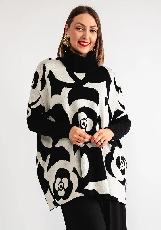 Serafina Collection Printed One Size Roll Neck Jumper, Black Mesh Sweater Canvas Denim