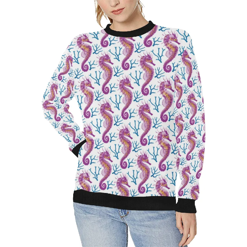 Purple seahorse blue coral pattern Women's Crew Neck Sweatshirt Hoodie with Tied Waist Feminine Flattering Purple seahorse blue coral pattern Women's Crew Neck Sweatshirt Hoodie with Tied Waist Feminine Flattering