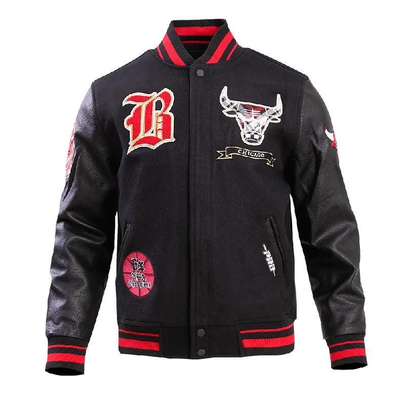 NBA CHICAGO BULLS PRO PREP MEN'S WOOL VARSITY JACKET (BLACK/RED/BLACK) Wool Fabric Cashmere Fabric Tweed Fabric NBA CHICAGO BULLS PRO PREP MEN'S WOOL VARSITY JACKET (BLACK/RED/BLACK) Wool Fabric Cashmere Fabric Tweed Fabric