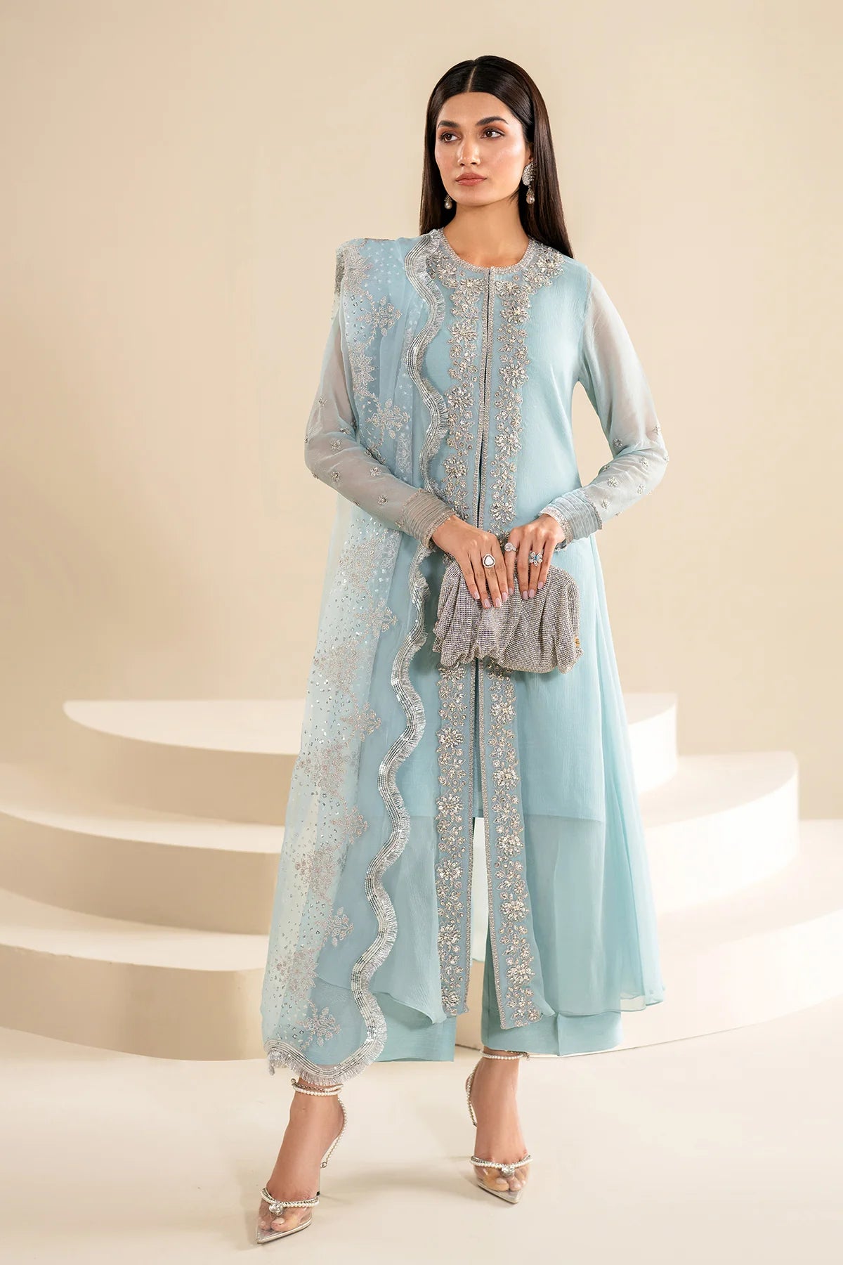Light Blue Embroidered Chiffon Jacket Style Suit Front Pockets Side Pockets Patch Pockets Light Blue Embroidered Chiffon Jacket Style Suit Front Pockets Side Pockets Patch Pockets