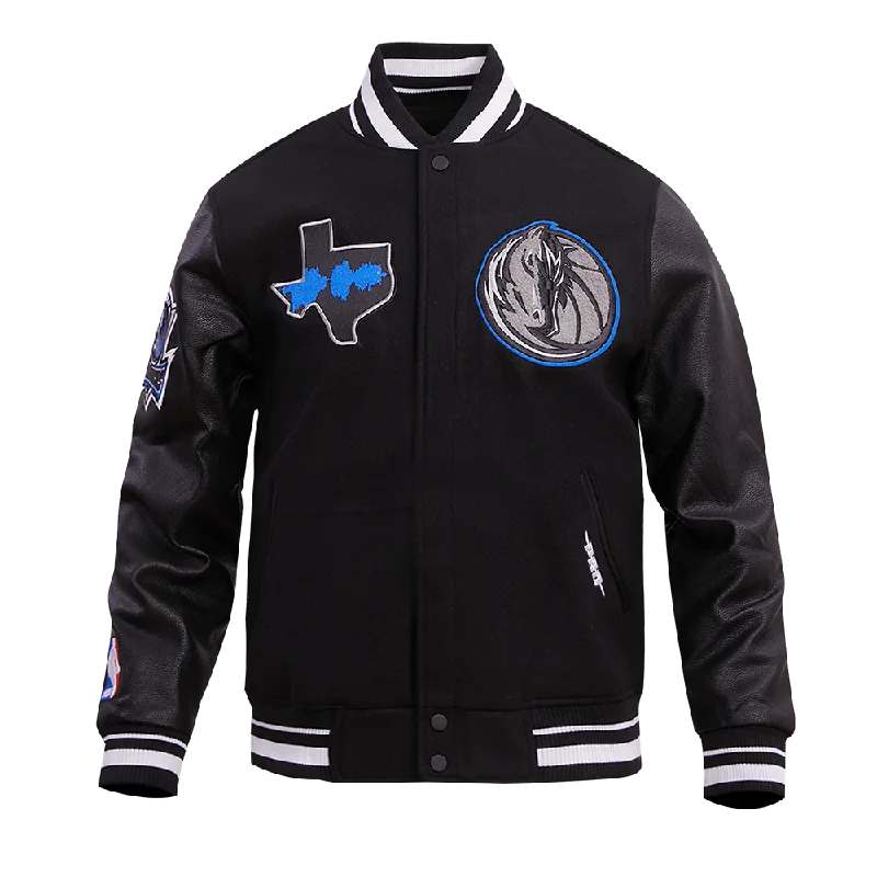 NBA DALLAS MAVERICKS CHEST MEN'S RIB WOOL VARSITY JACKET (BLACK) One-Shoulder Jacket Off-the-Shoulder Jacket Asymmetrical Jacket NBA DALLAS MAVERICKS CHEST MEN'S RIB WOOL VARSITY JACKET (BLACK) One-Shoulder Jacket Off-the-Shoulder Jacket Asymmetrical Jacket