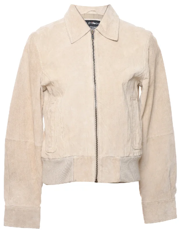 Le Chateau Beige Zip-Front Suede Jacket - M Welt Pockets Slit Pockets Flap Pockets