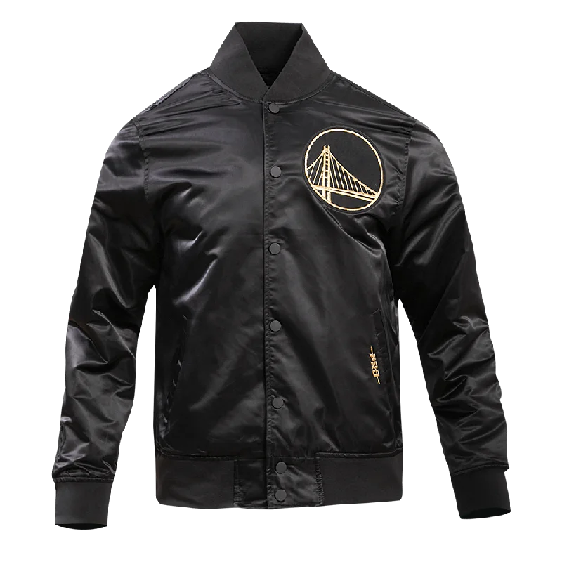GOLDEN STATE WARRIORS GOLD LOGO SATIN JACKET (BLACK) Front Pockets Side Pockets Patch Pockets GOLDEN STATE WARRIORS GOLD LOGO SATIN JACKET (BLACK) Front Pockets Side Pockets Patch Pockets