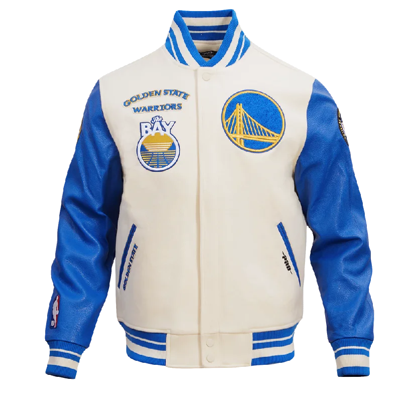 NBA GOLDEN STATE WARRIORS RETRO CLASSIC MEN'S RIB WOOL VARSITY JACKET (EGGSHELL/ROYAL BLUE) Stand-Up Collar Roll-Neck Collar Turtle Neck NBA GOLDEN STATE WARRIORS RETRO CLASSIC MEN'S RIB WOOL VARSITY JACKET (EGGSHELL/ROYAL BLUE) Stand-Up Collar Roll-Neck Collar Turtle Neck