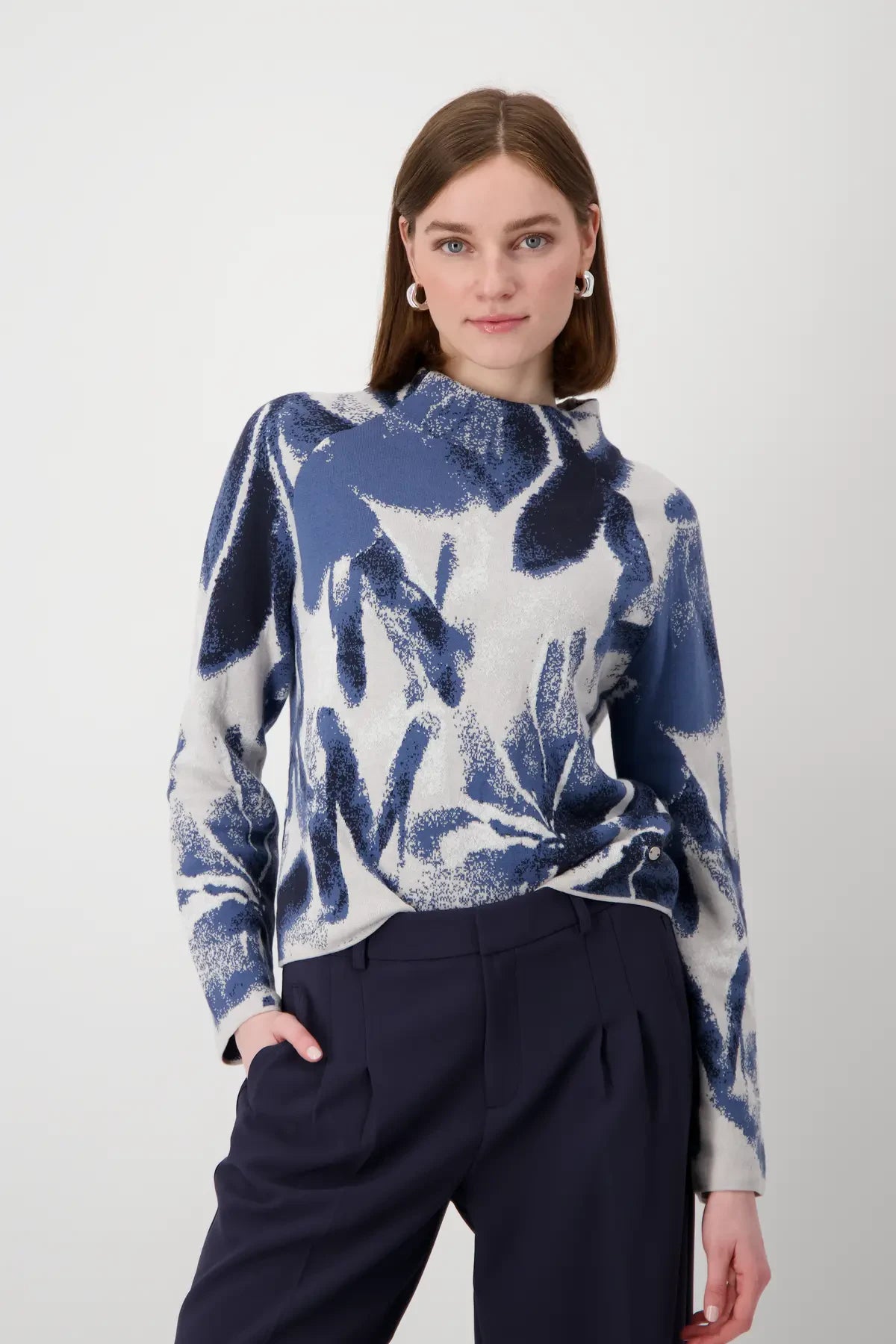 Monari Floral Jacquard Knit Neck Knit Jumper, Blue Elegant Classic Vintage