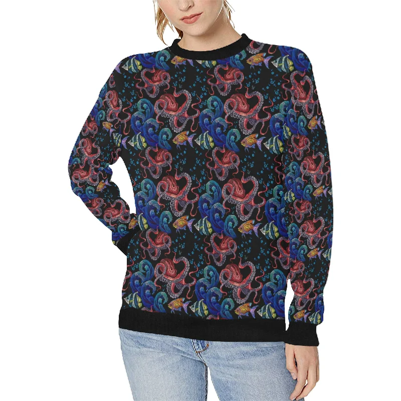 Octopus sea wave tropical fishe pattern Women's Crew Neck Sweatshirt Hoodie with Hem Contrast Bold Stylish Octopus sea wave tropical fishe pattern Women's Crew Neck Sweatshirt Hoodie with Hem Contrast Bold Stylish